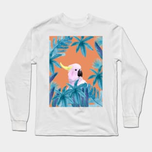 Cockatoo with tropical leaves in watercolor and a coral background Long Sleeve T-Shirt